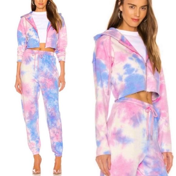 superdown Pants - Superdown Pink 2-Piece Tie Dye Glitter XS Track Suit Cropped Hoodie + Sweatpants